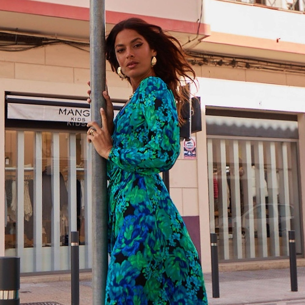 Vintage 80s Express Dress Blue Purple Green Floral Long Sleeve Midi 1980 Rose